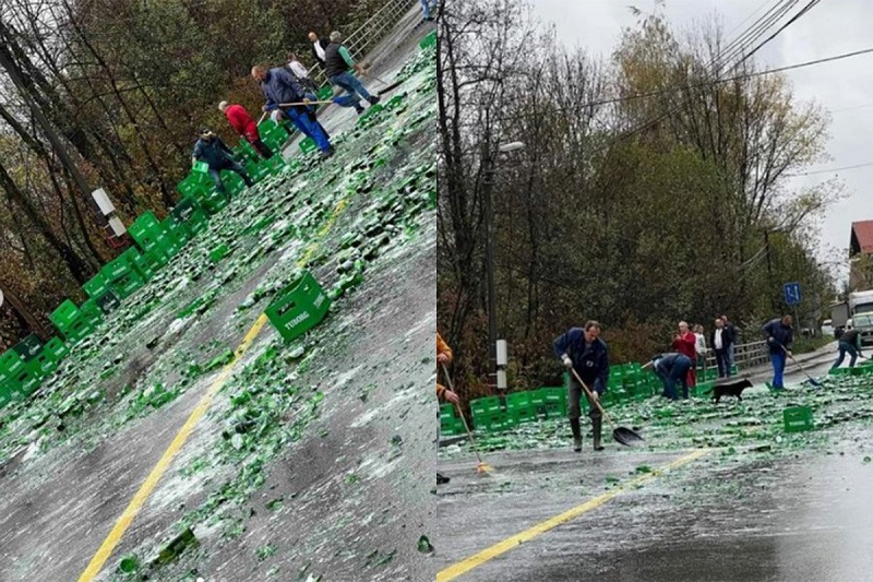 Neobična nezgoda u BiH: Iz kamiona ispala paleta, pivo se rasulo po cesti (VIDEO)