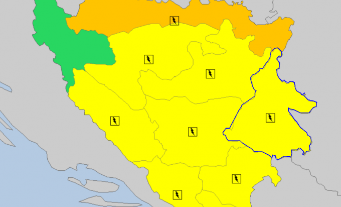 Žuti meteoalarm za veći dio BiH