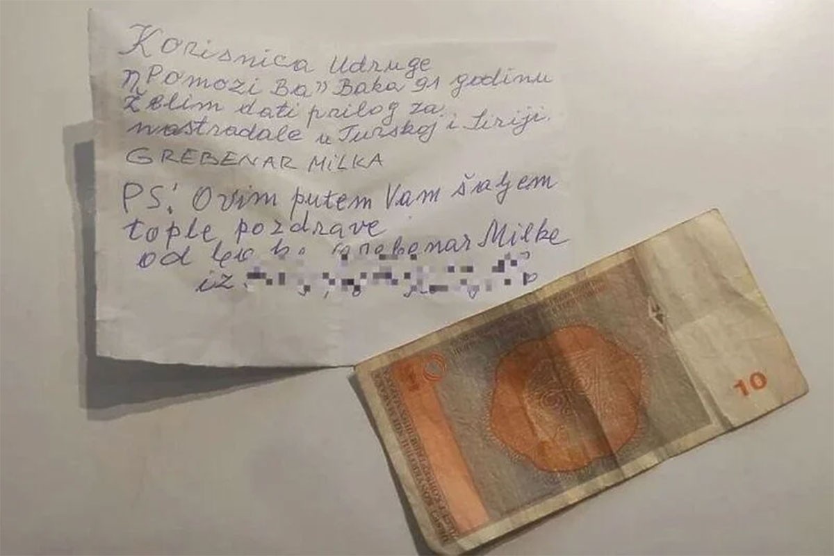 Gest starice ganuo: Milka (91) i sama prima pomoć, ali je uz pismo poslala i 10 KM za pomoć Siriji i Turskoj