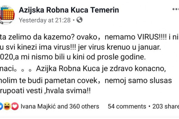 Hit na društvenim mrežama: “Nemamo VIRUS!!!! i ni su svi kinezi ima virus!!!”